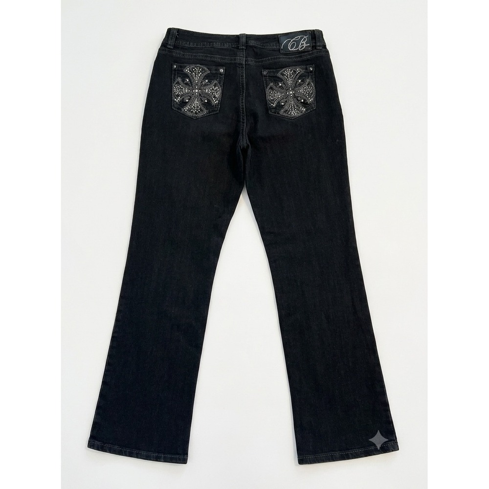 Code Bleu‎ Annette Black Bootcut Jeans Rhinestone Cross Back Pocket Womens 14/31